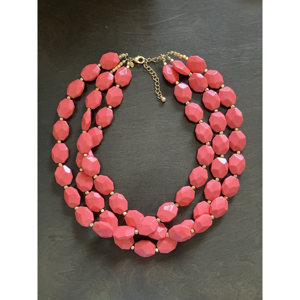 Chunky Coral Pink Beaded Statement Necklace 3 Strand Faceted Gold Tone